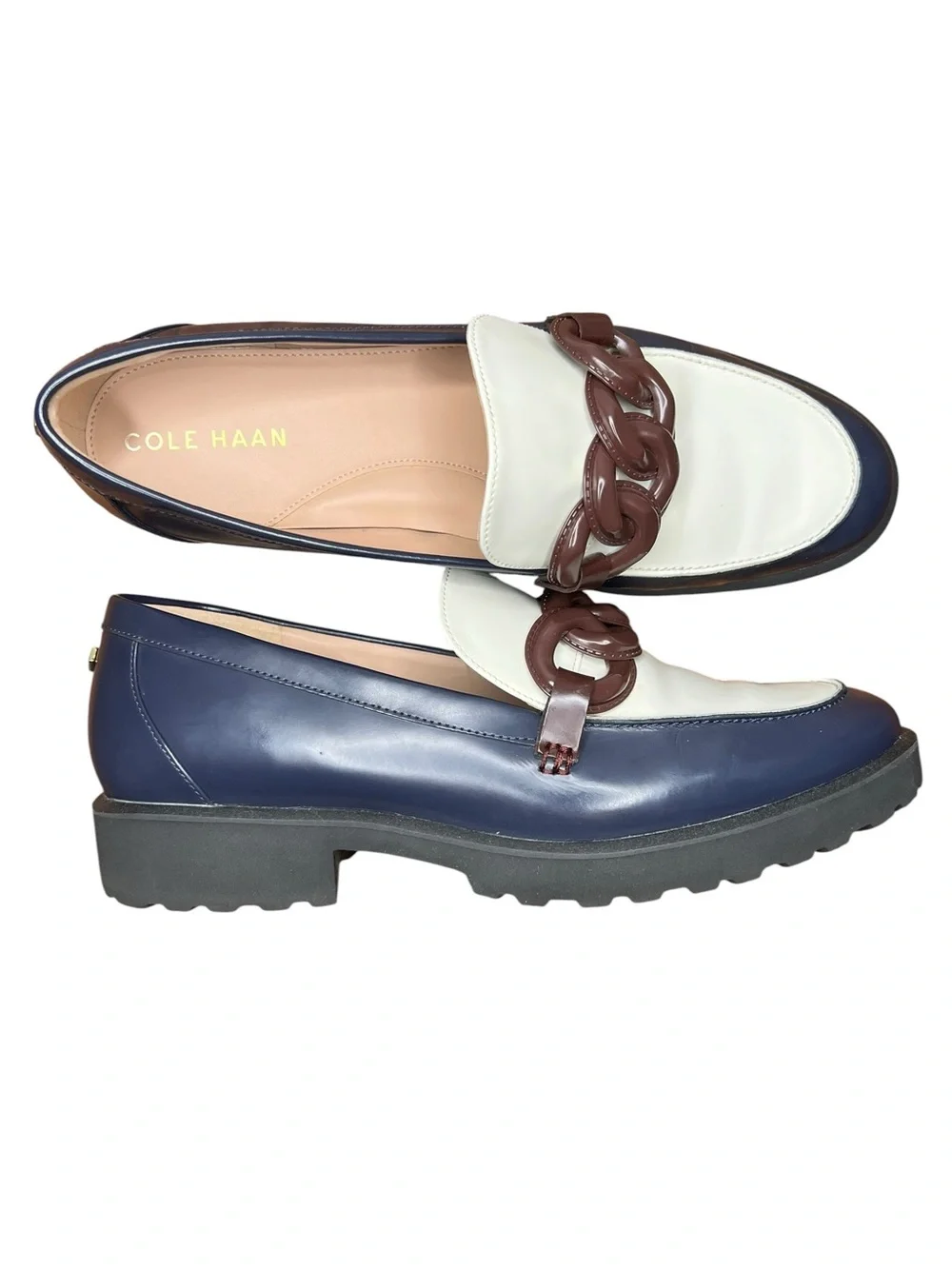 Cole Haan Geneva Chain Leather Loafers 9.5 Navy Ivory Cordovan Chunky Academia